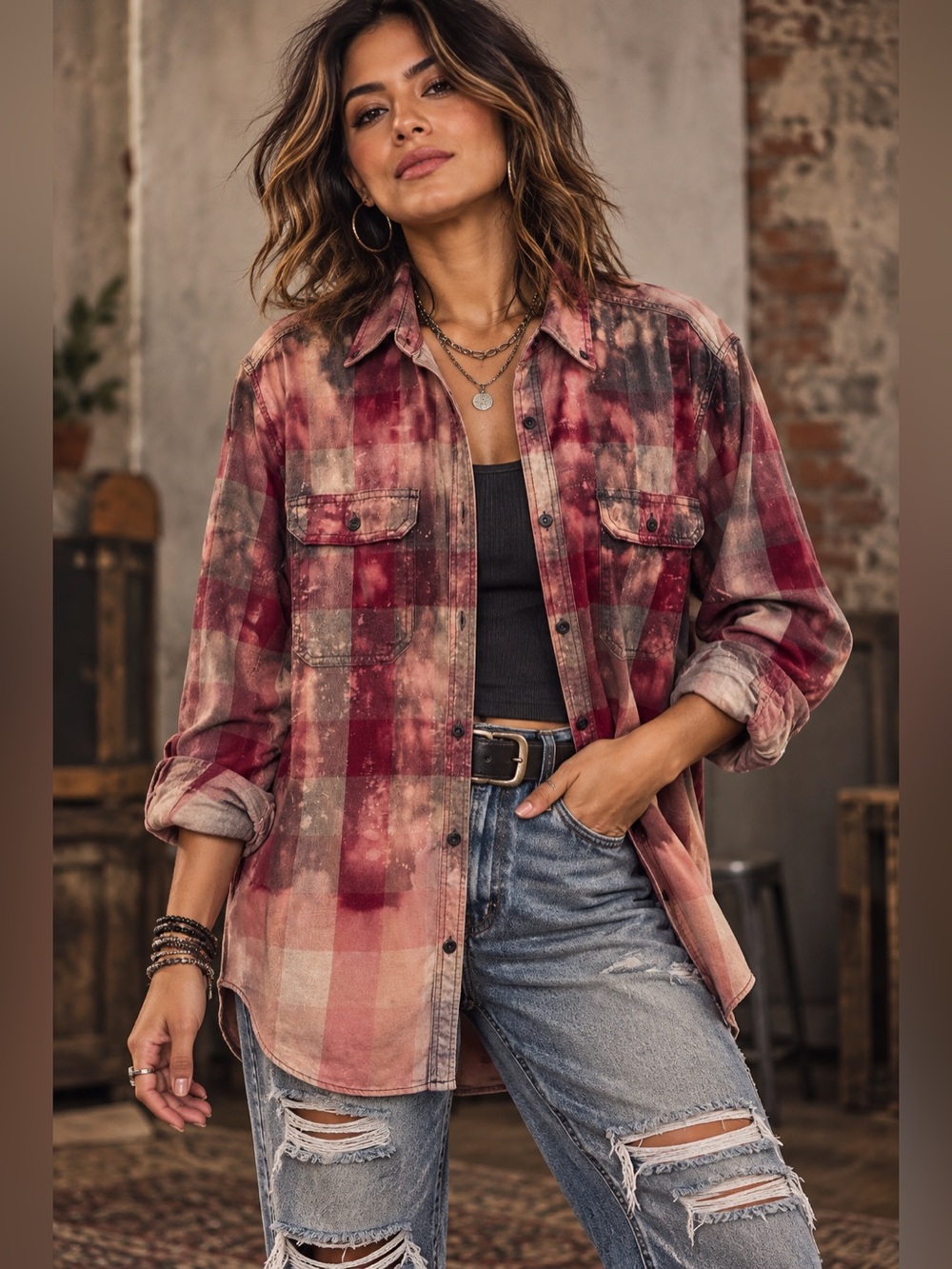 Upcycled George Plaid Flannel Medium Bleach Dyed OOAK Grunge Boho